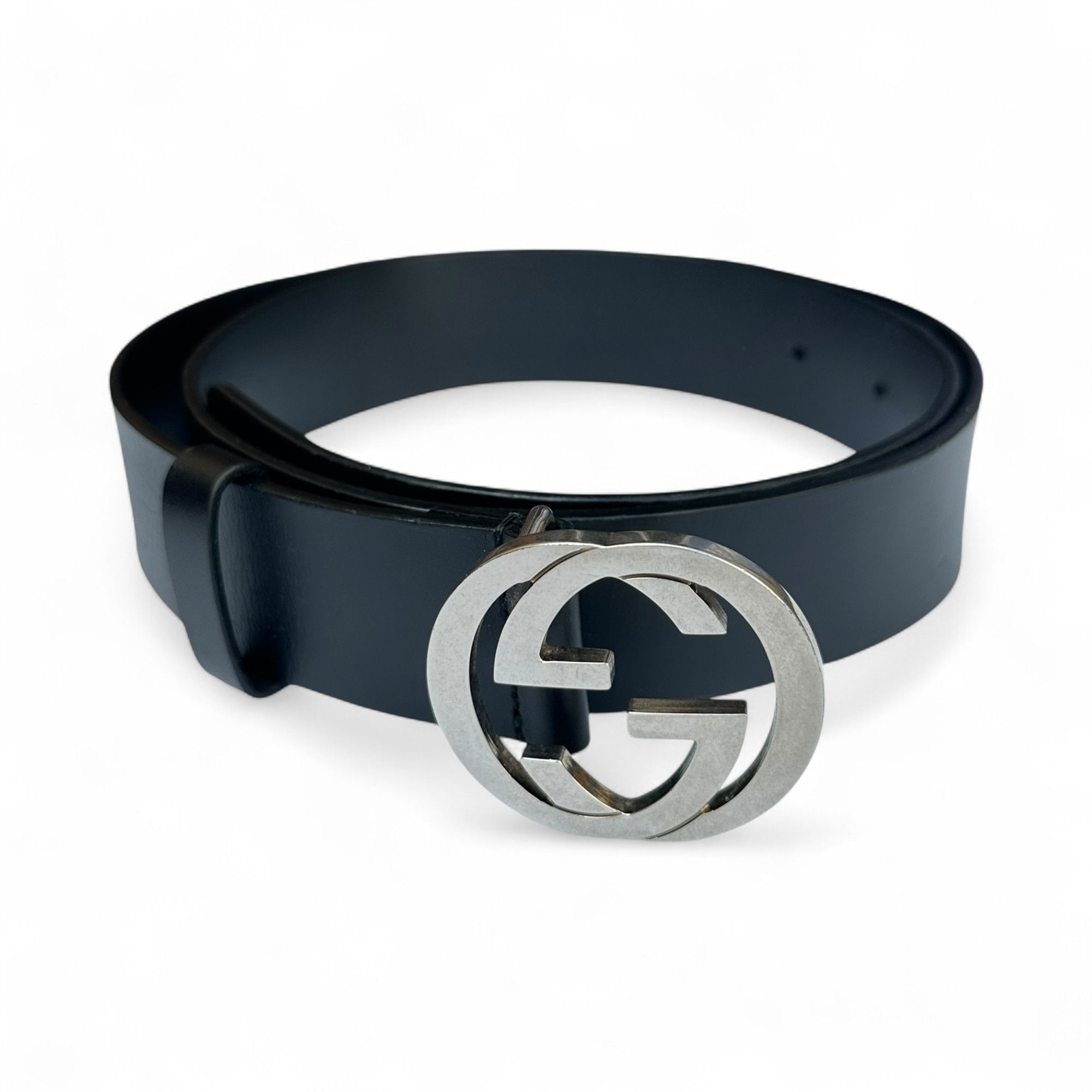 Gucci Belt Black Leather Interlocking G Logo Silver Buckle size 95/38