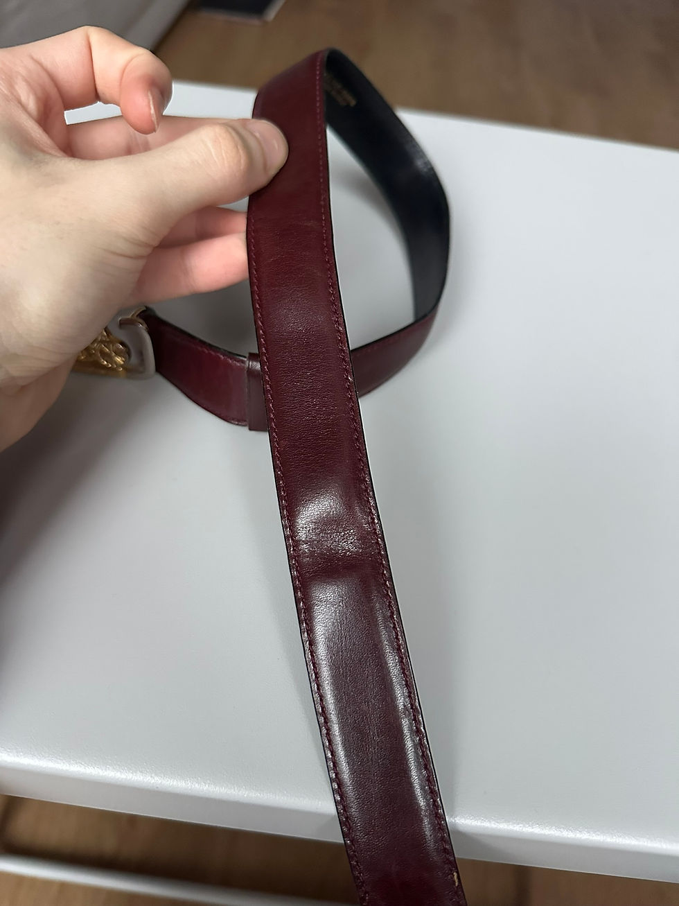 Thumbnail: Celine Belt Vintage Burgundy Leather Logo Buckle