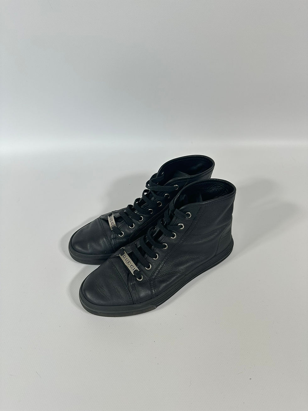 Thumbnail: Gucci High-Top Sneakers Black Leather Classic Logo Shoes size 36.5IT