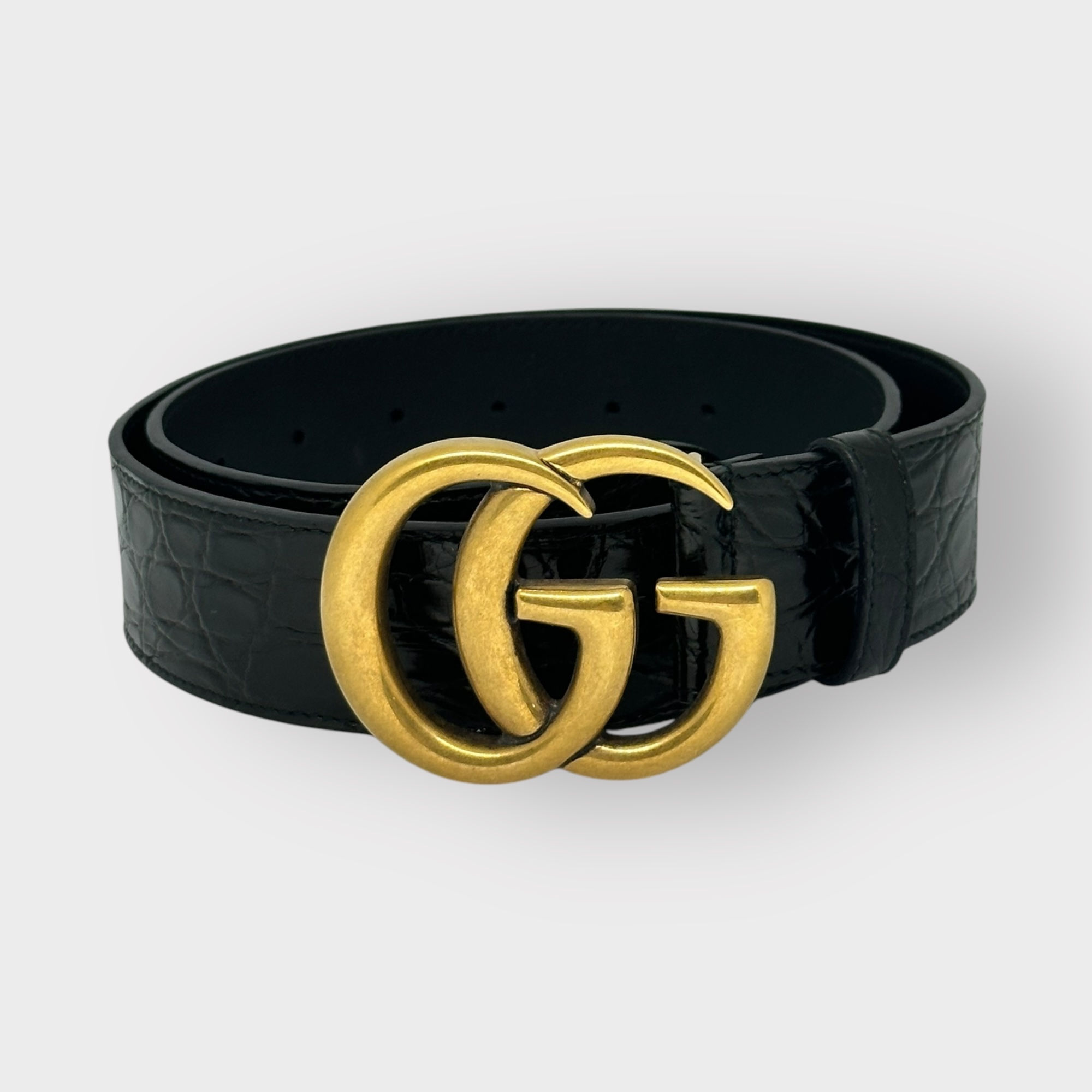 Gucci Belt Marmont Crocodile Black Leather Golden GG Buckle size 85/34