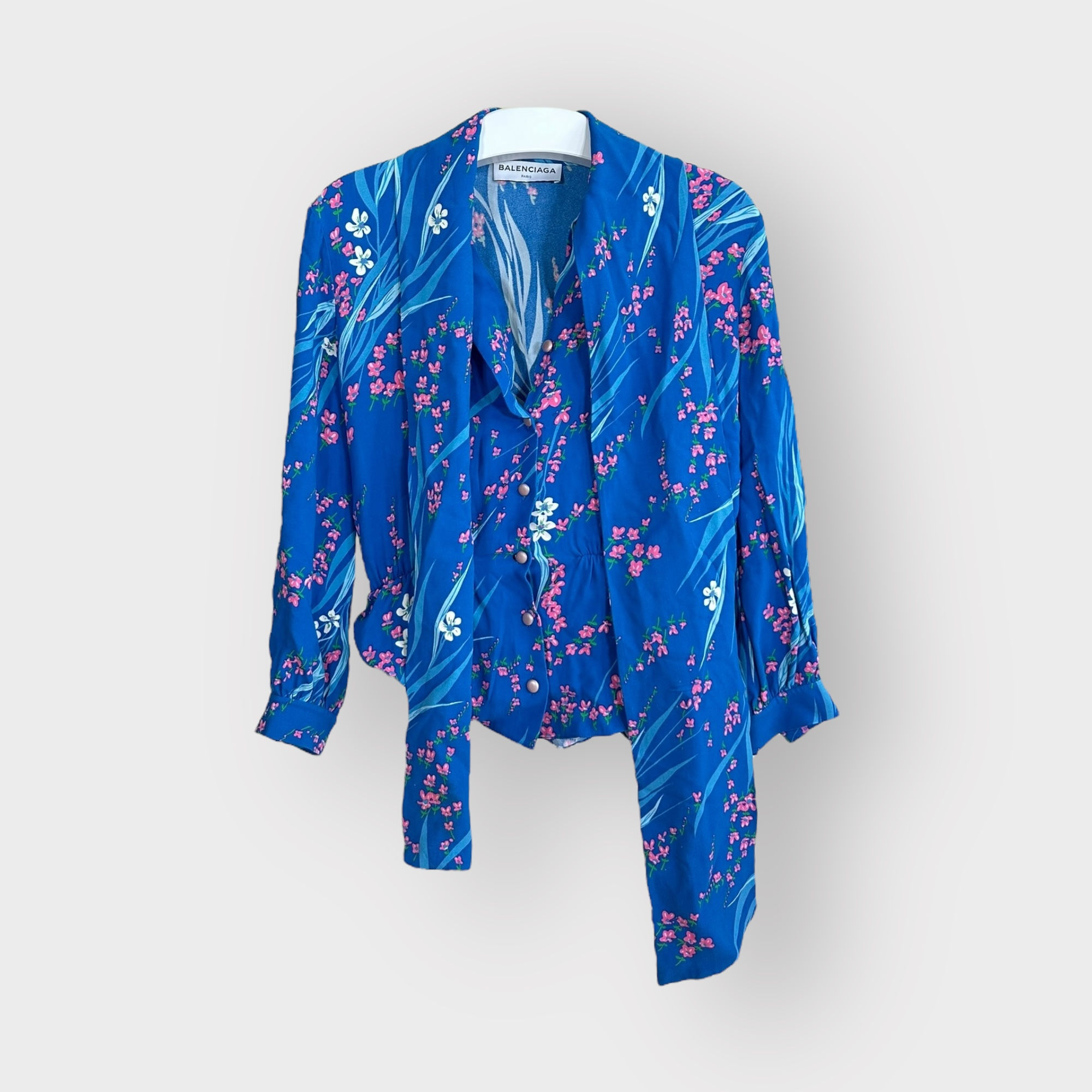 Balenciaga Top Lavalliere Floral Theme Satin Blue size FR34