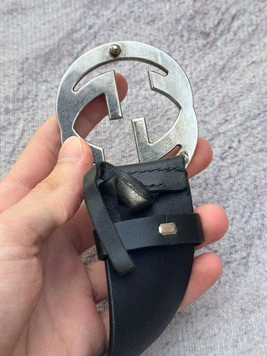 【美品】 GUCCI Gバックル ベルト付き シルバー ブラック Gucci Belt Black Leather Interlocking G Studs Buckle size 95