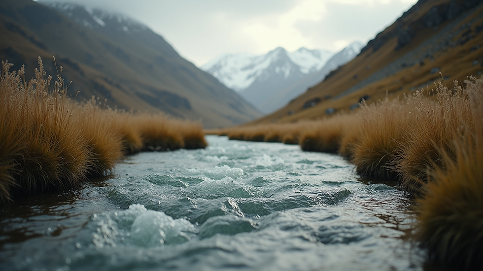 Eye-level view of a serene landscape with a flowing river