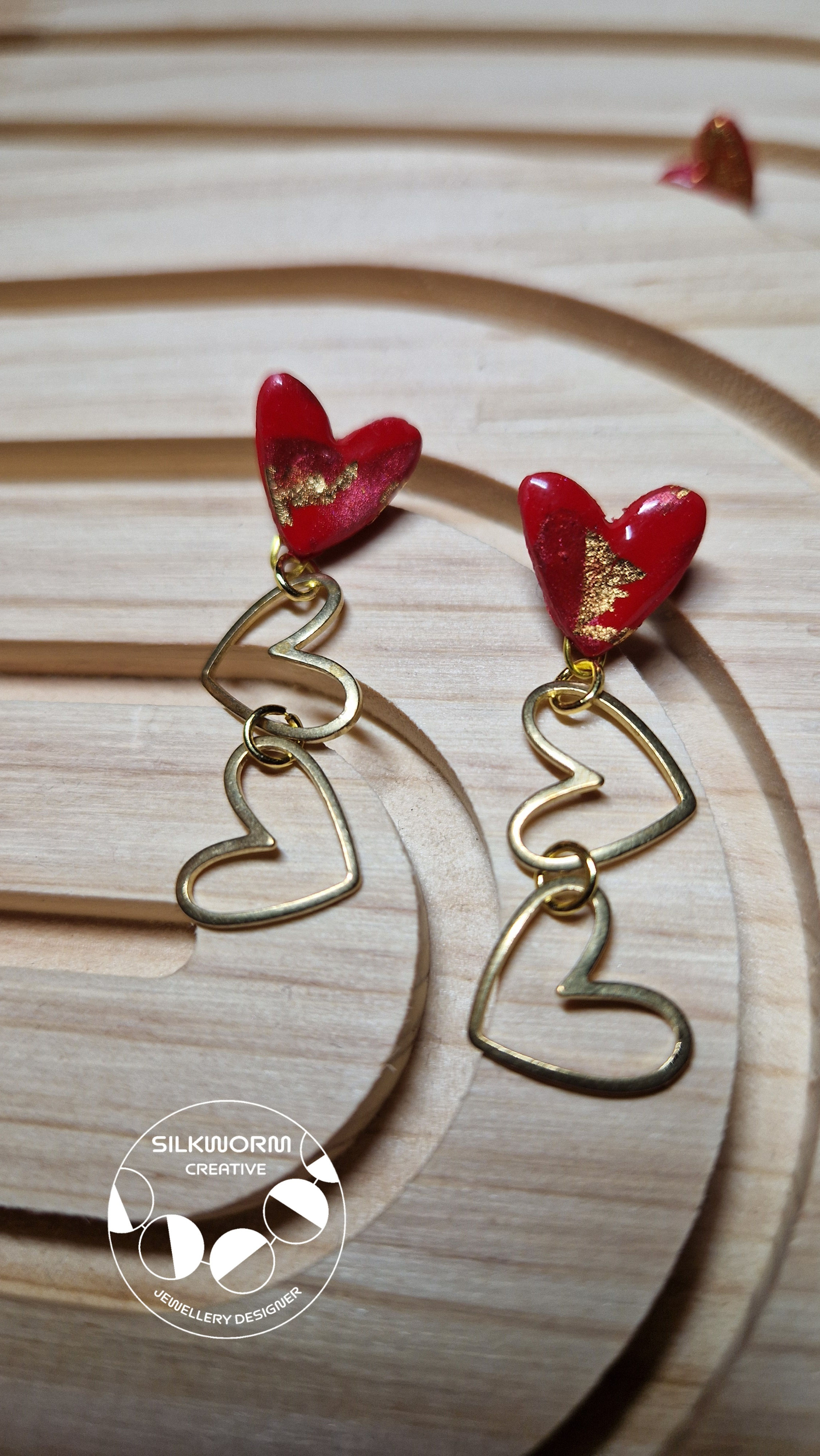 Handmade Triple Red Heart Dangle Earrings