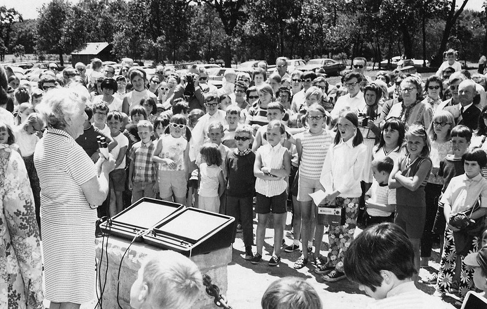 Author Carol Ryrie Brinks speaks at the park dedication.