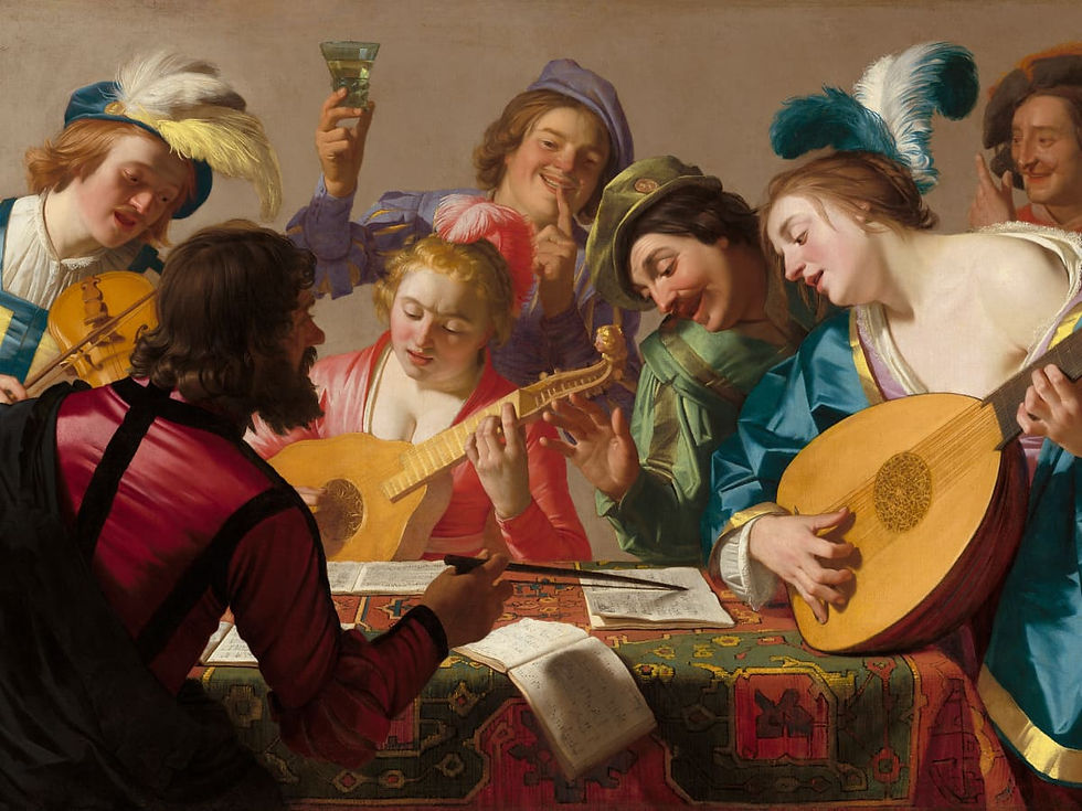 A vibrant gathering of musicians and singers immersed in creating choral music, with period costumes and a lively atmosphere enhancing the collaborative spirit.