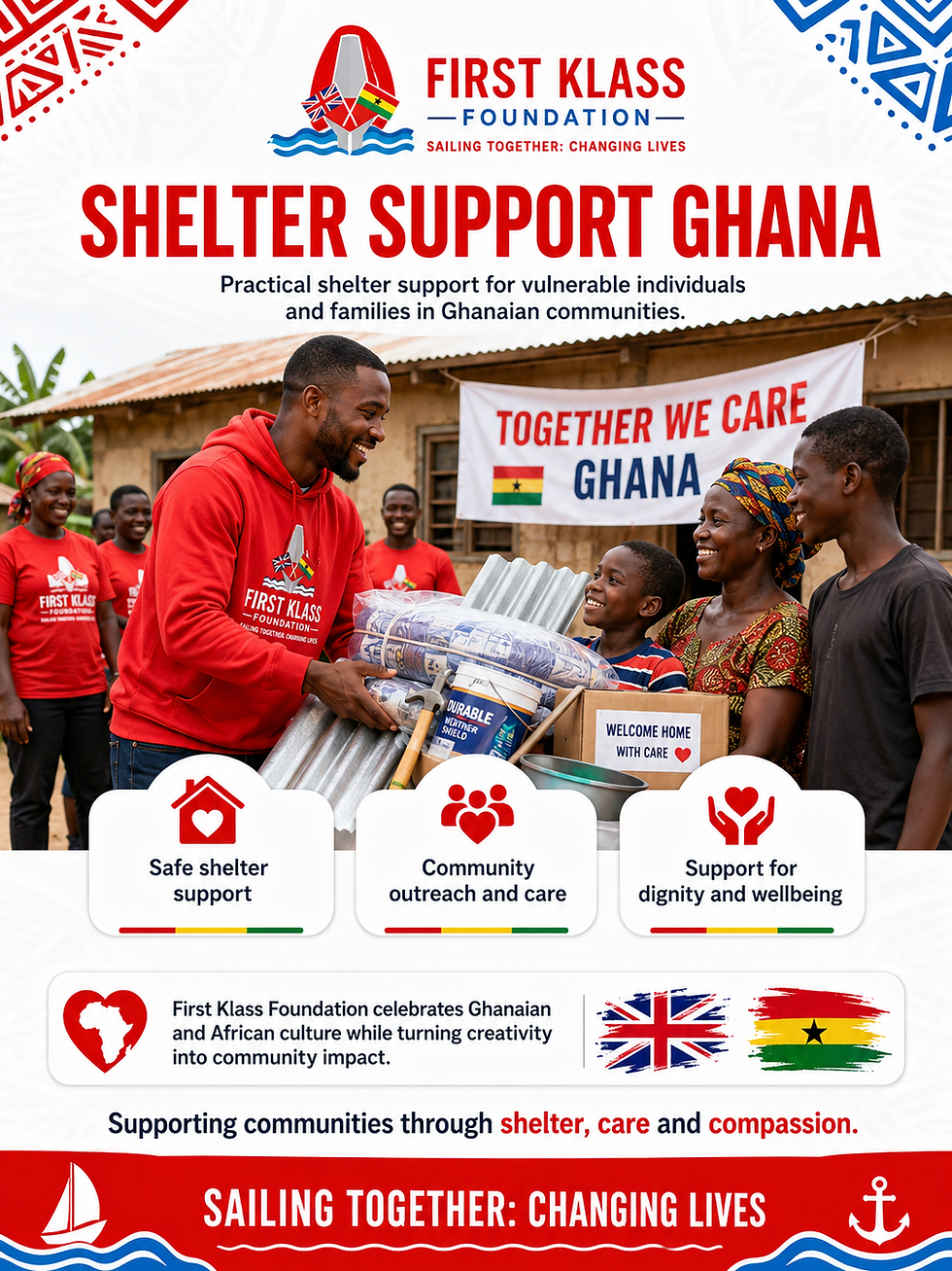 Expanded Service Delivery Coverage
While the programme has a strong focus on vulnerable young people in Ghana, First Klass Foundation also extends its support to people experiencing homelessness in the UK. This includes practical welfare assistance, signposting, mentoring, and links to community-based support, helping individuals and young people facing housing insecurity to regain stability, dignity, and hope.