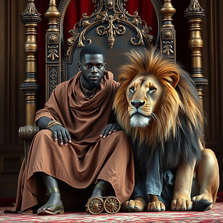 an african american man wearing a cloak around neck, sitting on royal throne, down to gro