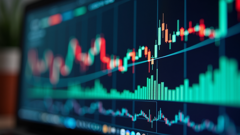 Close-up view of a computer screen showing candlestick charts and technical indicators