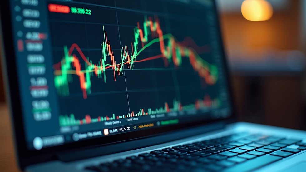 Eye-level view of a laptop screen showing stock charts and graphs