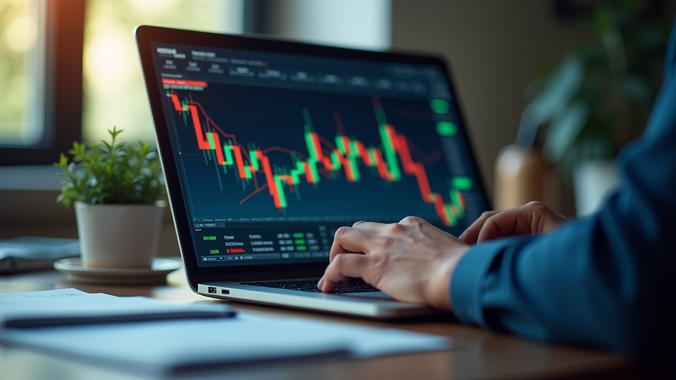 Eye-level view of a trader analyzing stock charts on a laptop