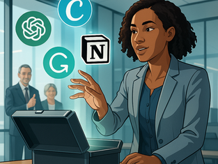 Woman on a computer with various icons above the computer