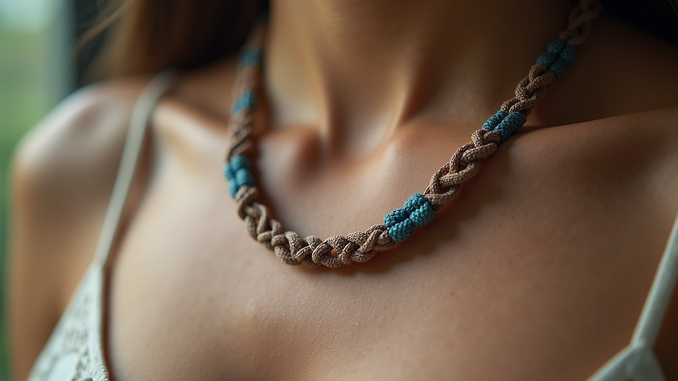 Eye-level view of micro-macramé necklace with layered knots and beads