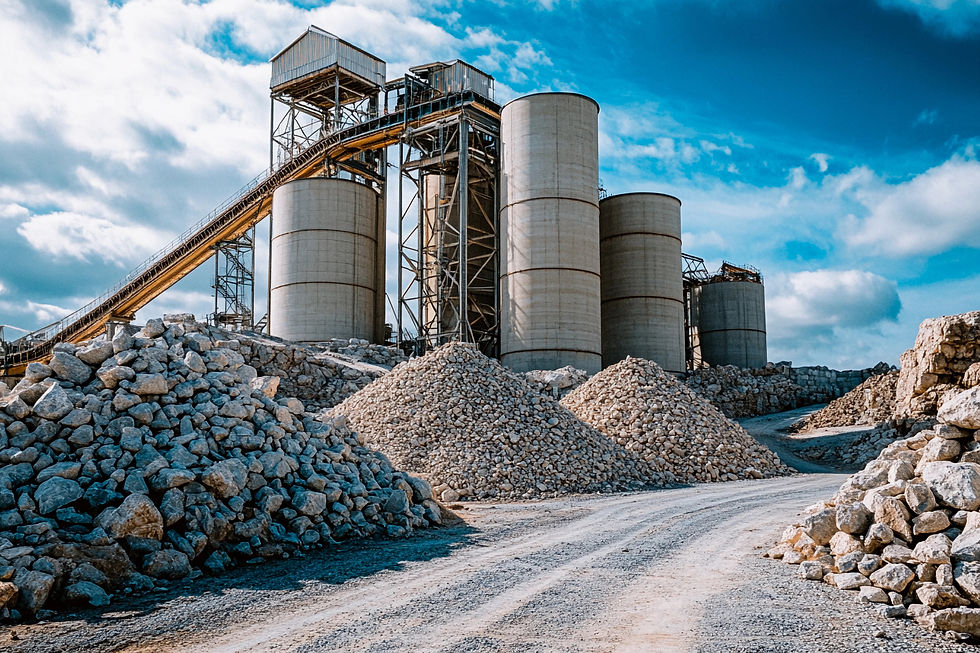 industrial-landscape-showcases-towering-silos-rocky-terrain-vibrant-sky