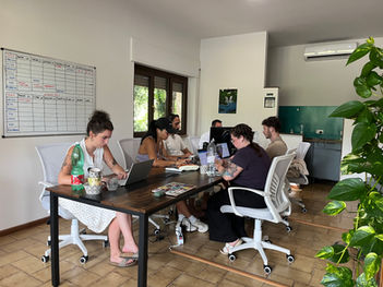 Remote workers coworking together at Nesting Away coliving dedicated workspace in Orte, Italy