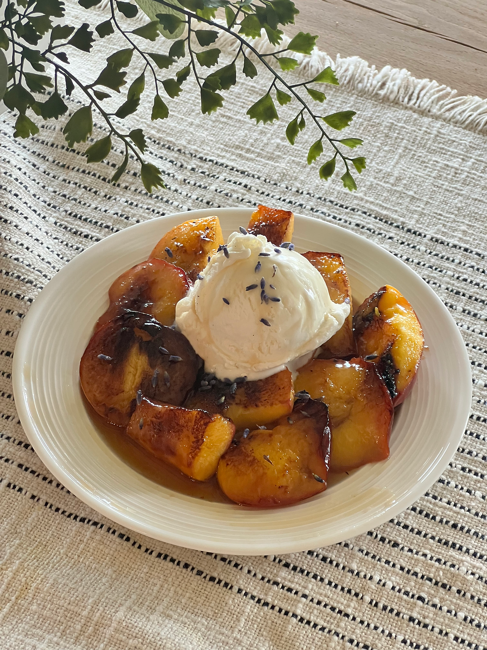 Grilled peaches with homemade lavender syrup