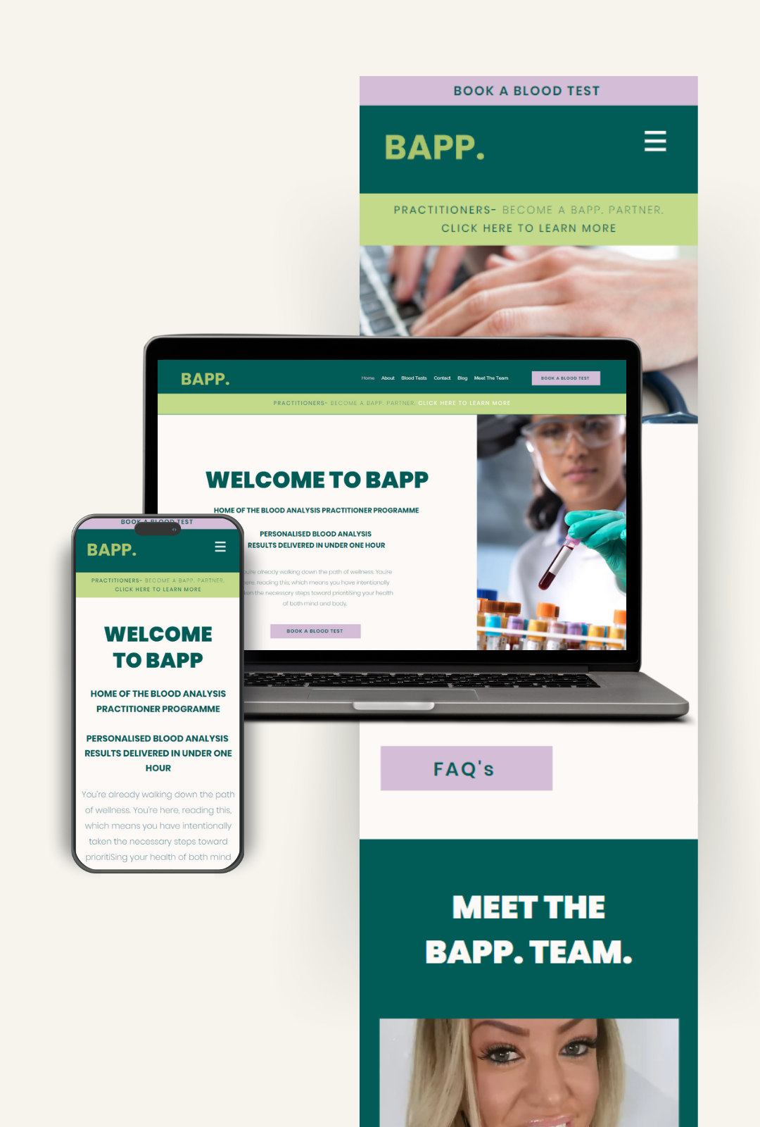 BAPP - Private Blood Analysis Practitioners Programme - Website mock up - phone view, laptop and flatlay mobile design