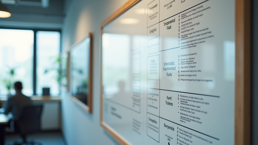 Eye-level view of a modern workspace with a large whiteboard filled with strategic plans
