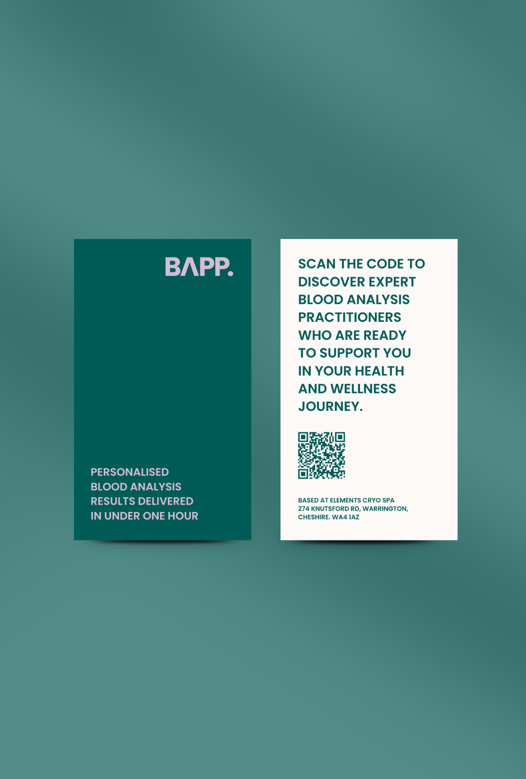 BAPP - Private Blood Analysis Practitioners Programme - Business Card Mock up with QR code