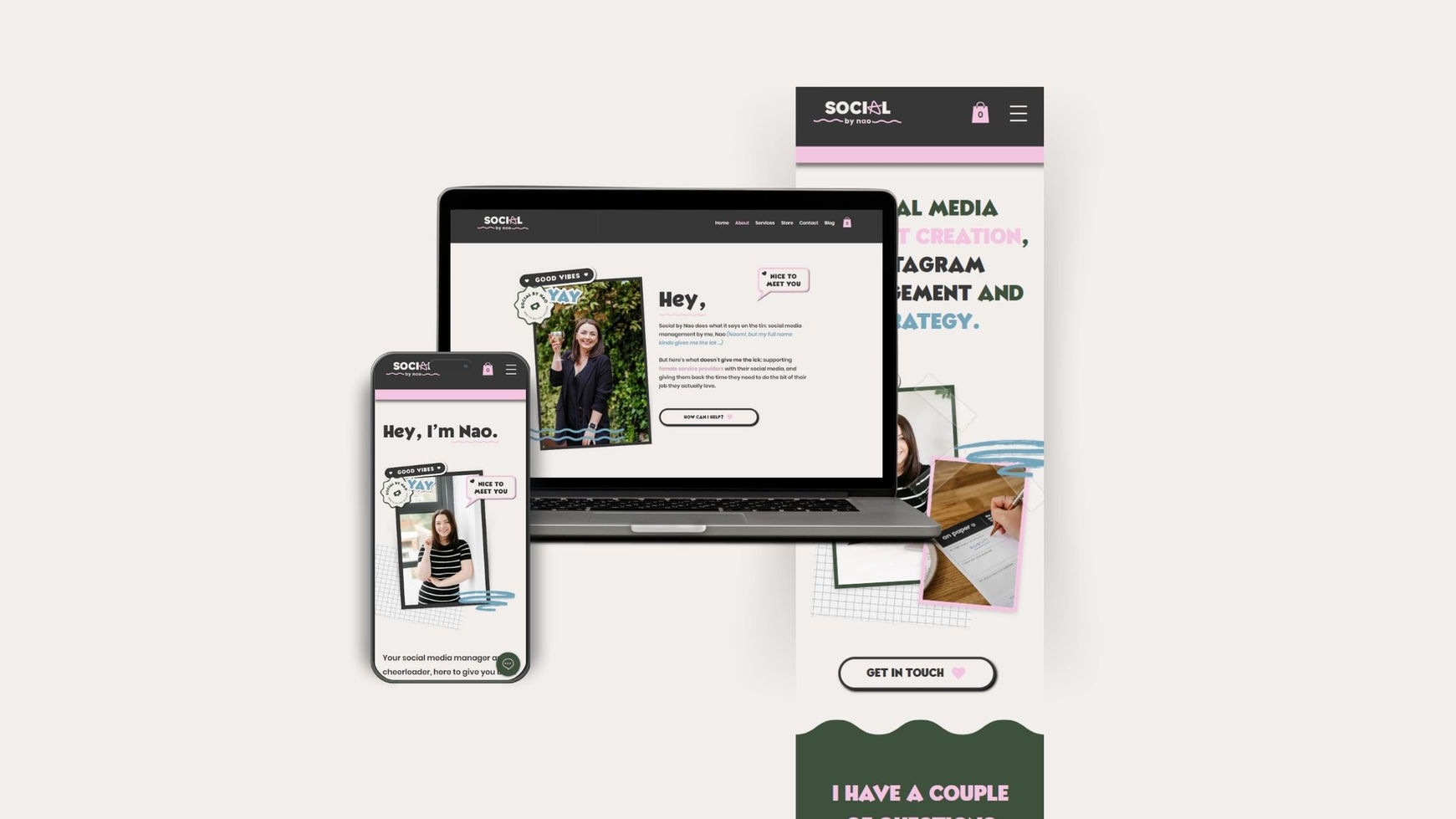 Social By Nao Website Mock up of mobile, flatlay and laptop optimisation