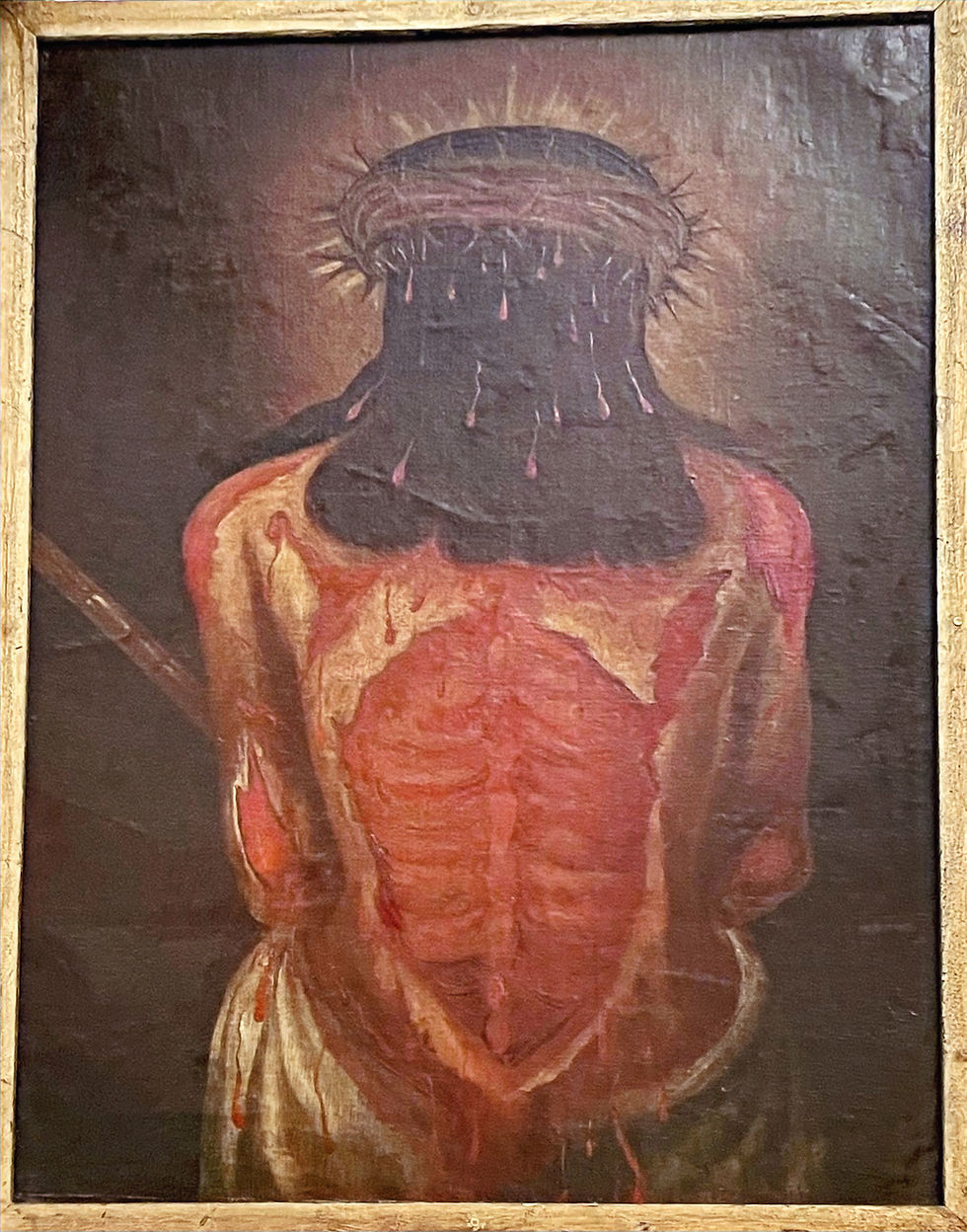 stark verwundeter blutender Rücken Jesu mit Dornenkrone