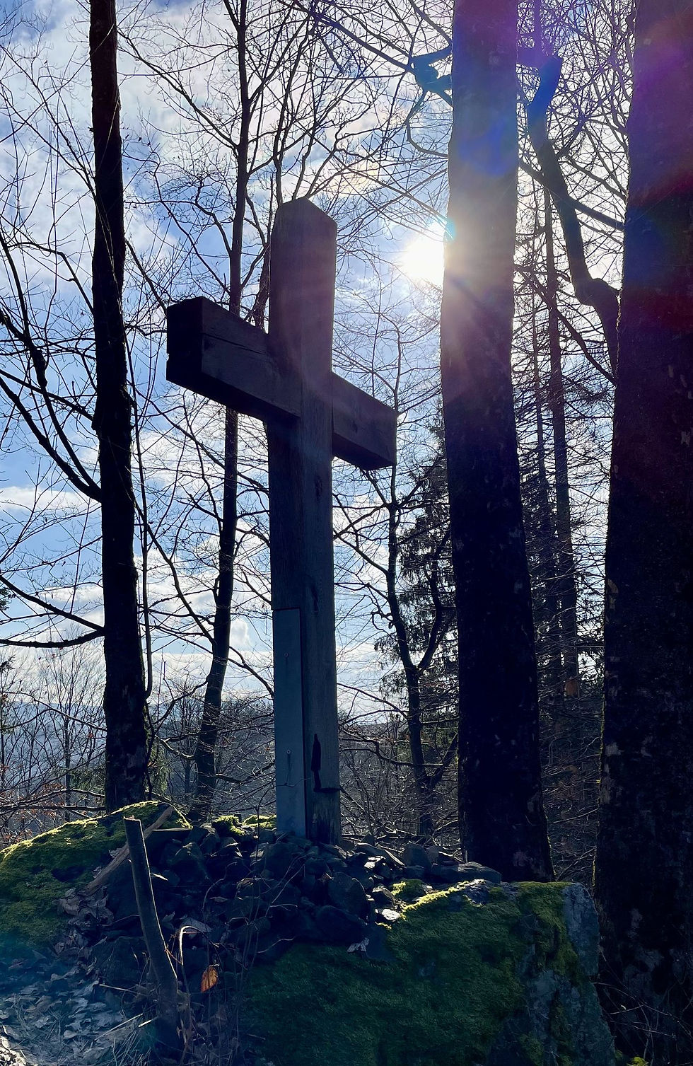Steinkreuz im laublosen Wald