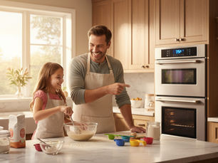Father and daughter baking in a bright kitchen, both wearing aprons. They smile while mixing batter, surrounded by colorful measuring cups.