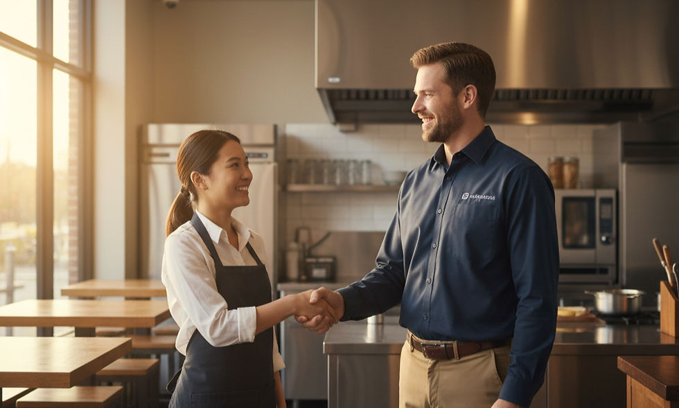 A woman in an apron and a man in a blue shirt shake hands in a sunlit commercial kitchen, smiling. Shelves and equipment are in the background.