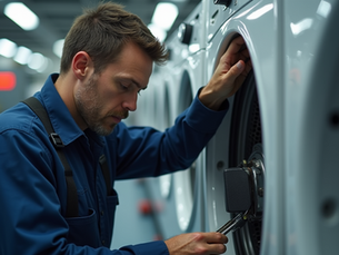 Eye-level view of a technician working on an appliance