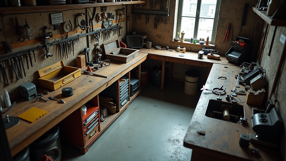 High angle view of a well-organized workshop with tools and equipment