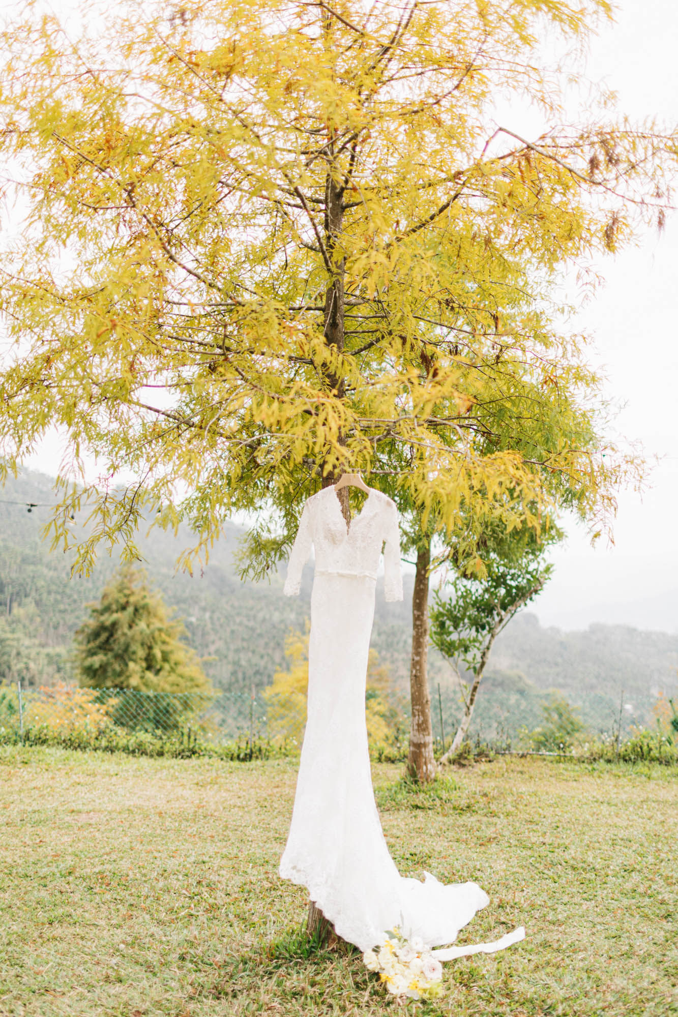 LINN Photography 森林婚紗，白色長袖婚紗掛在黃色楓樹下。