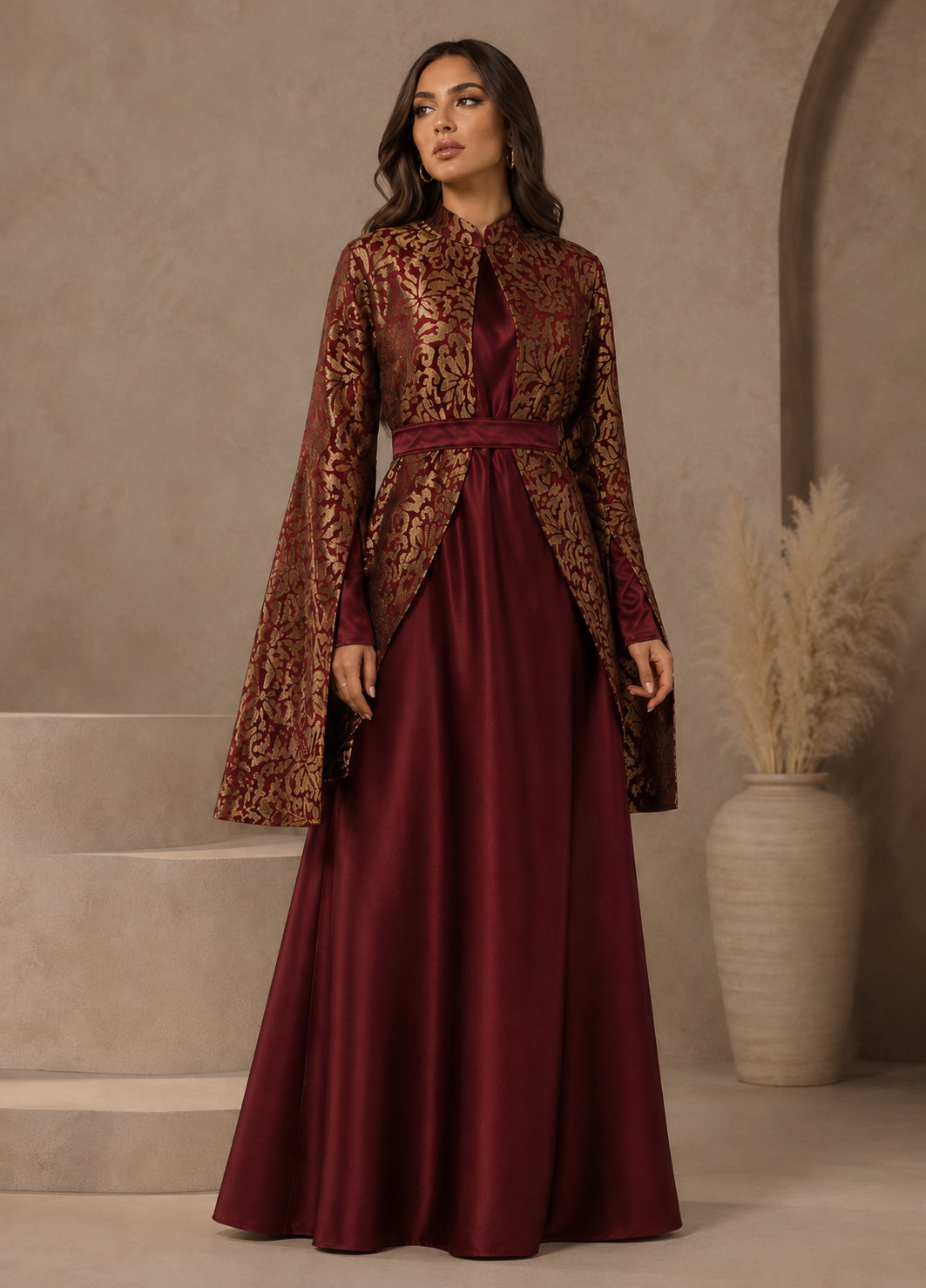 Aisha gold jacket with burgundy satin dress and statement sleeves