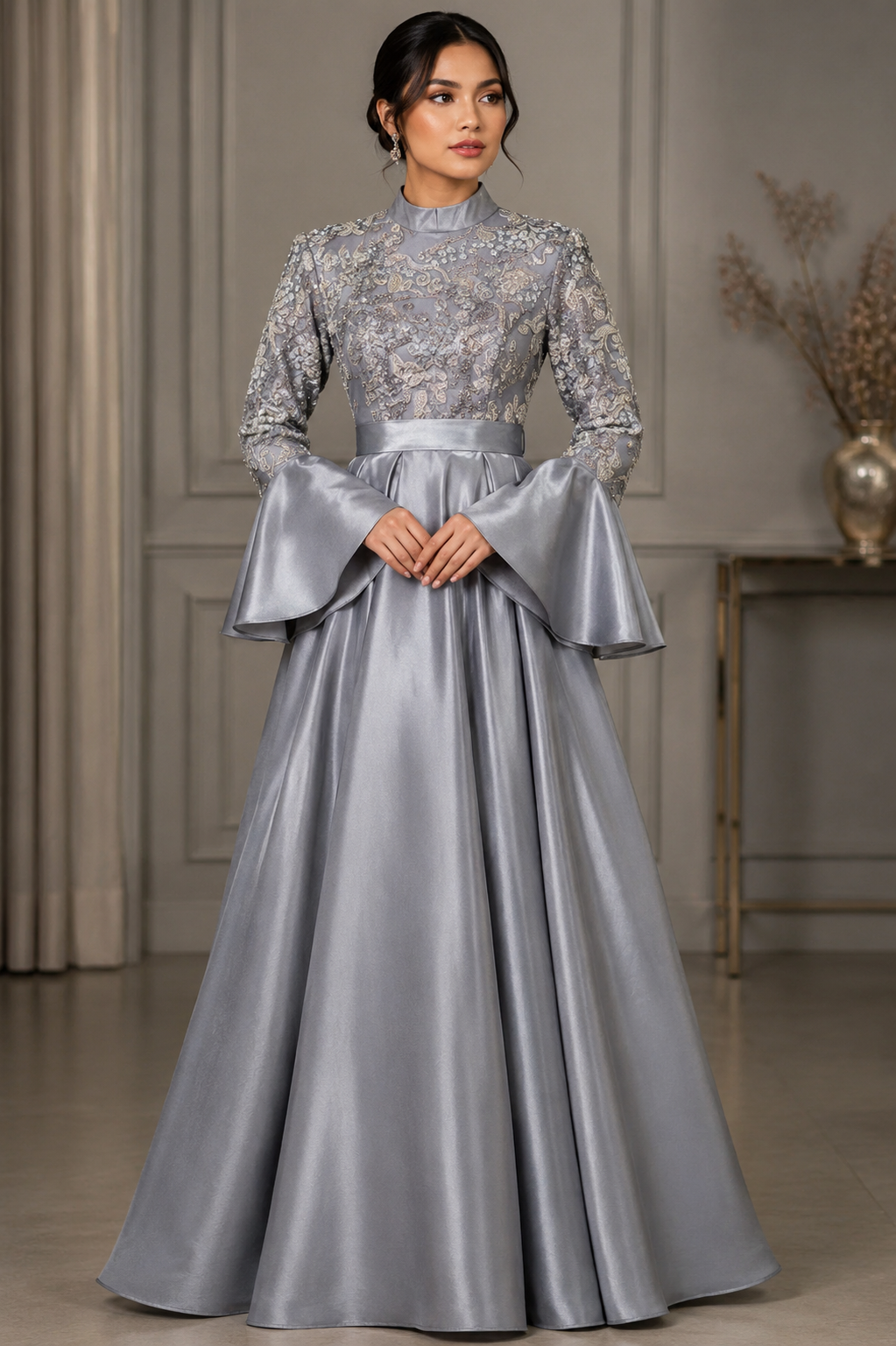 Brenda Half lace and half satin dress with bell sleeves