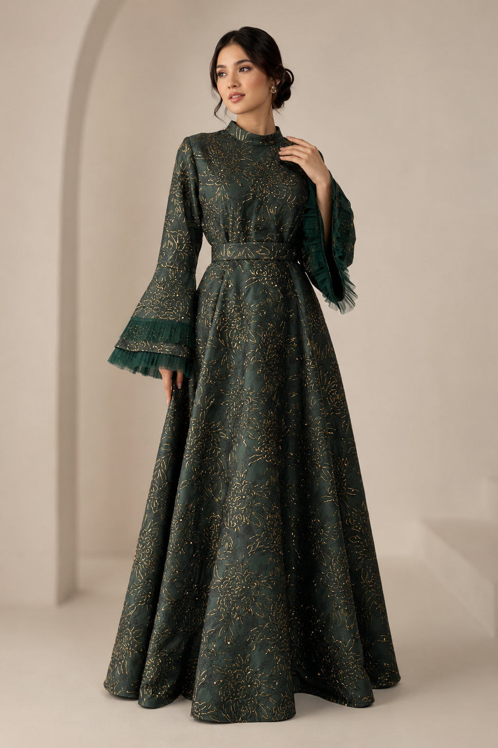 Green Garcia embellished gown with bell sleeves