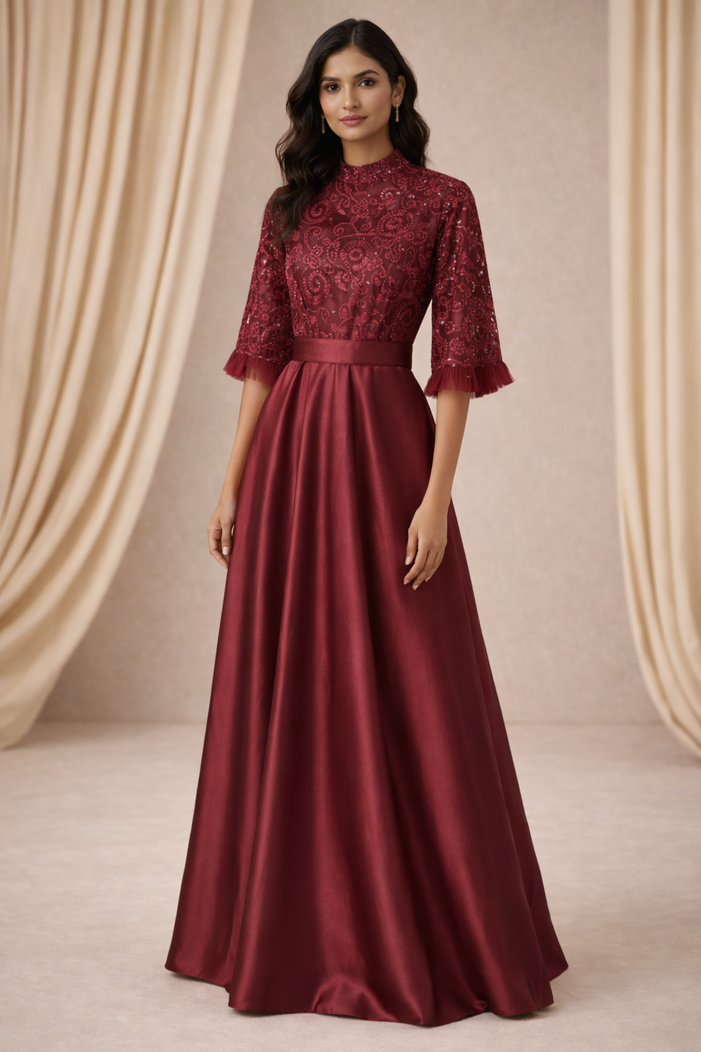 Red Kelly Half lace and half satin dress