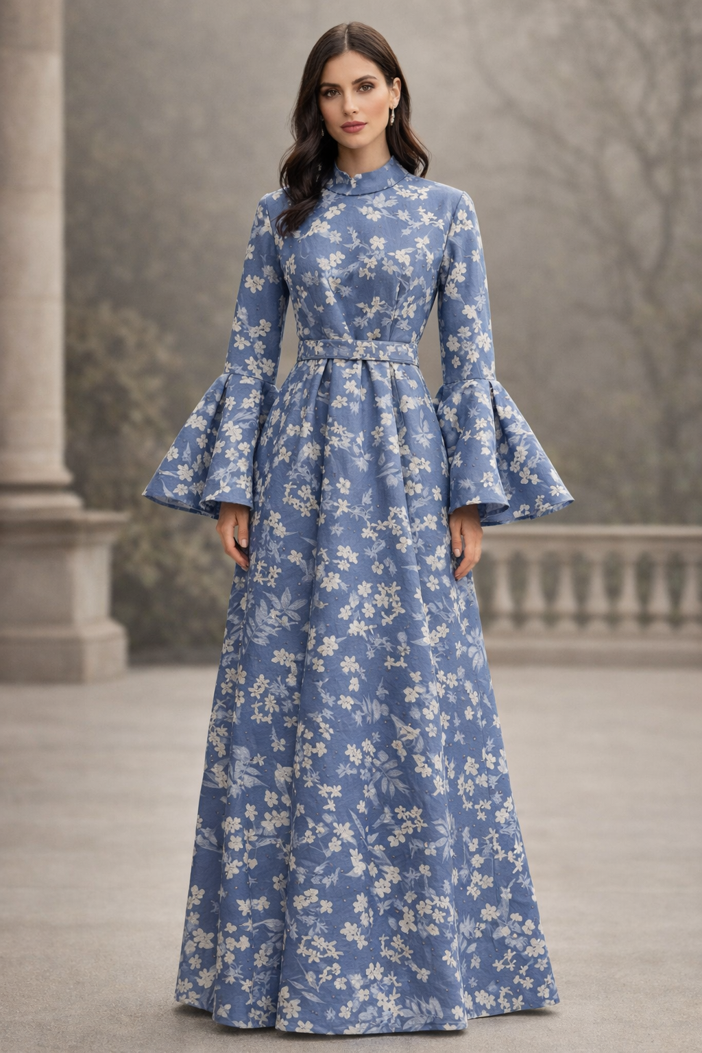 Blue floral jacquard gown with bell sleeves