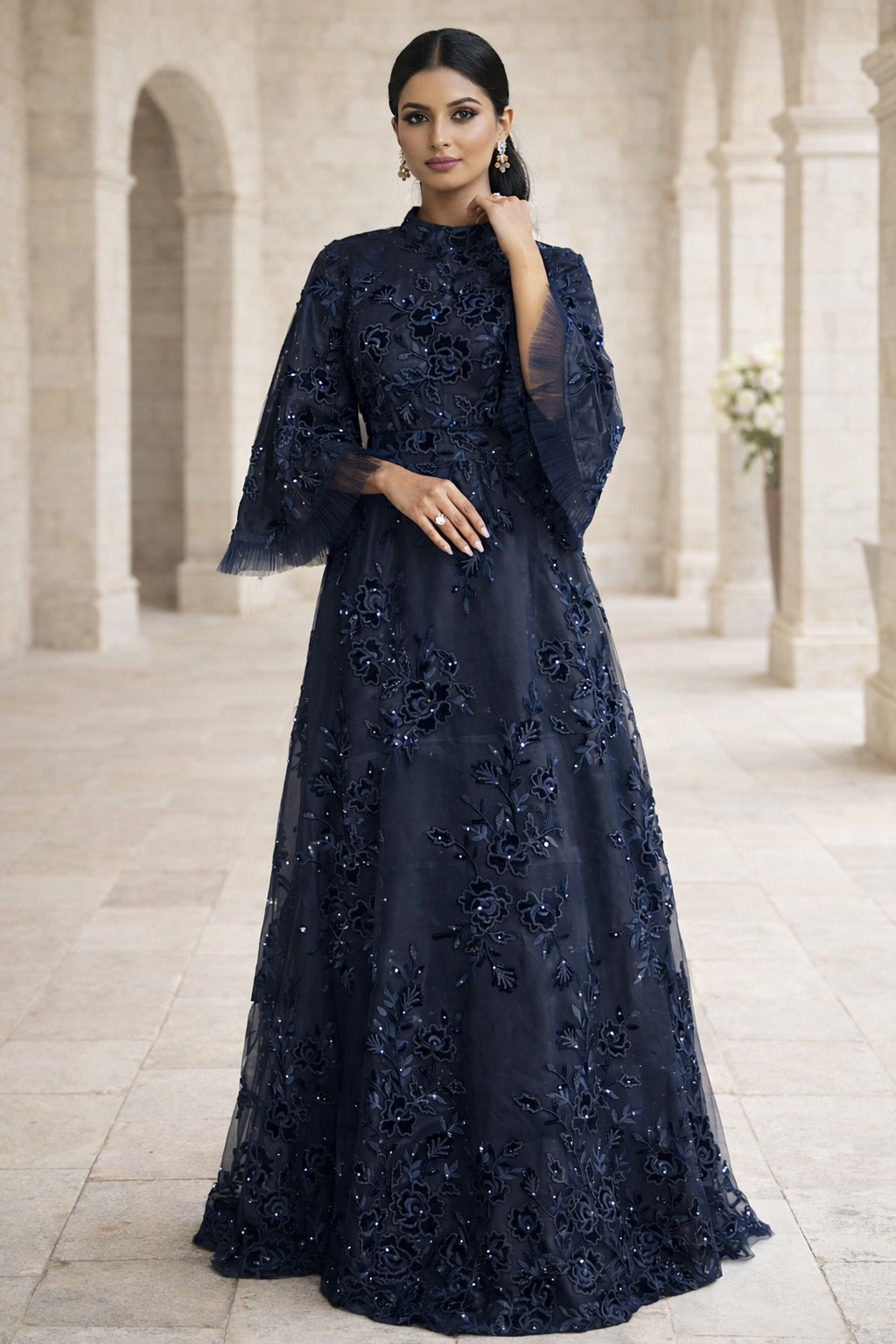 Navy Blue Petals Lace Gown