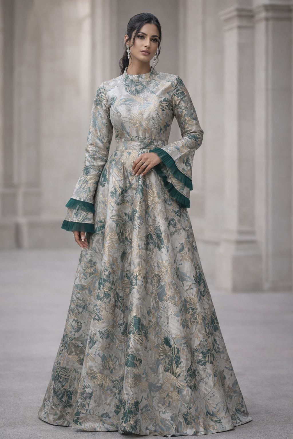 R85 Jacquard Gown with Bell Sleeves and Double Frill
