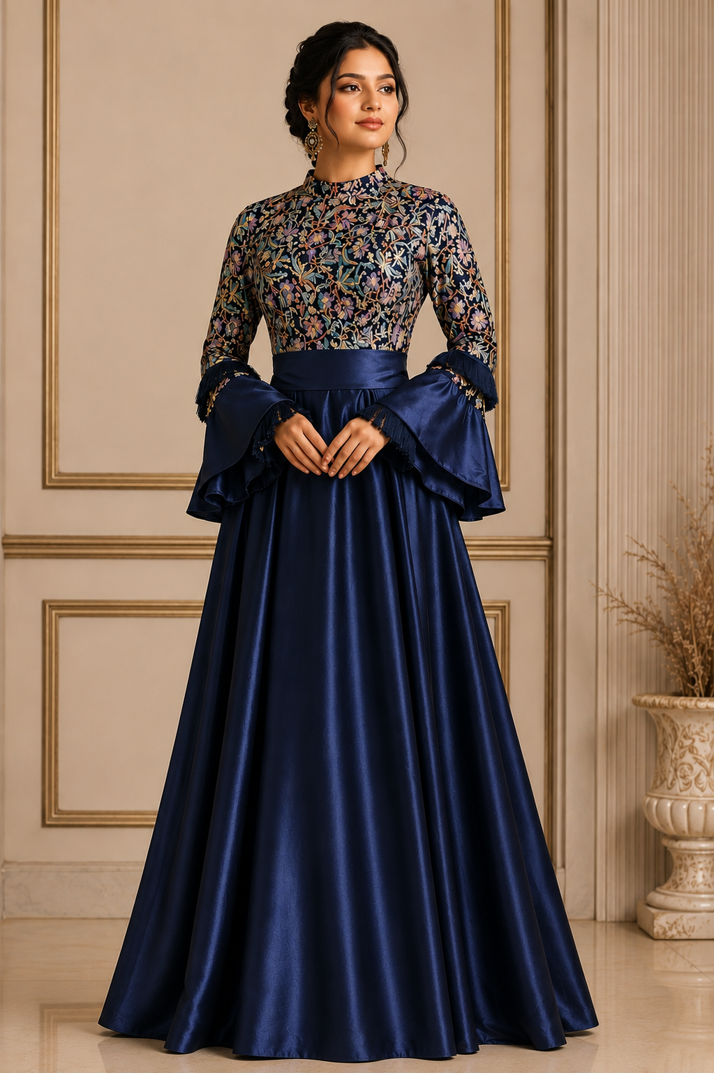 Tamara Half jacquard and half satin dress with bell sleeves
