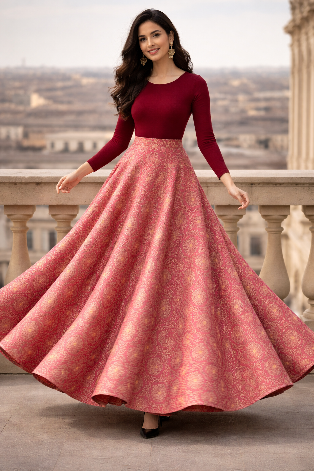 (SKIRT ONLY) High-Waisted with Gold Woven Motifs, Voluminous Flared Silhouette,