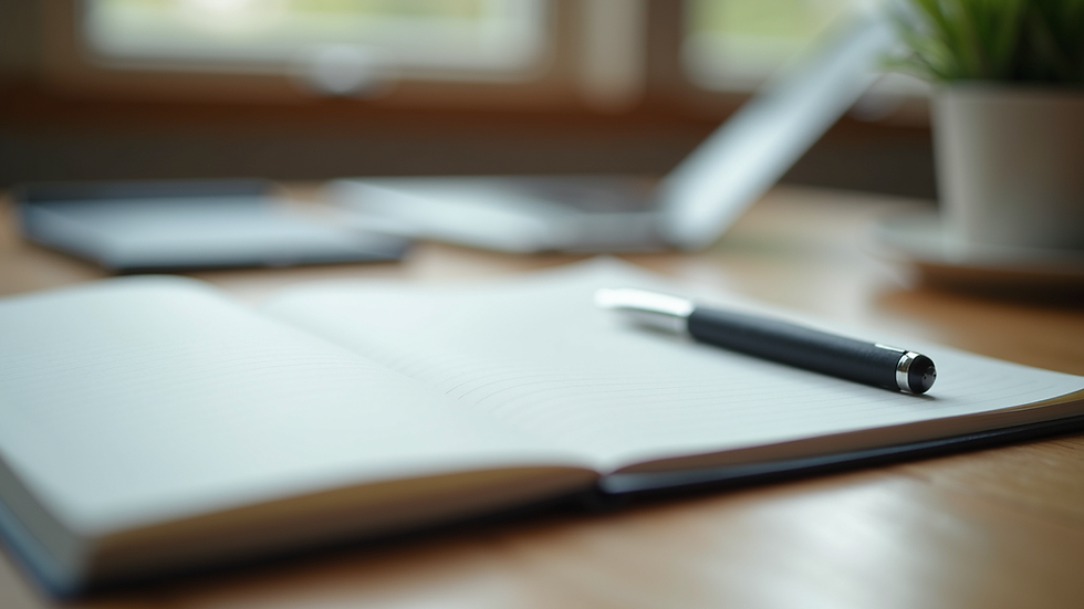 Close-up view of a notebook and pen on a desk for journaling