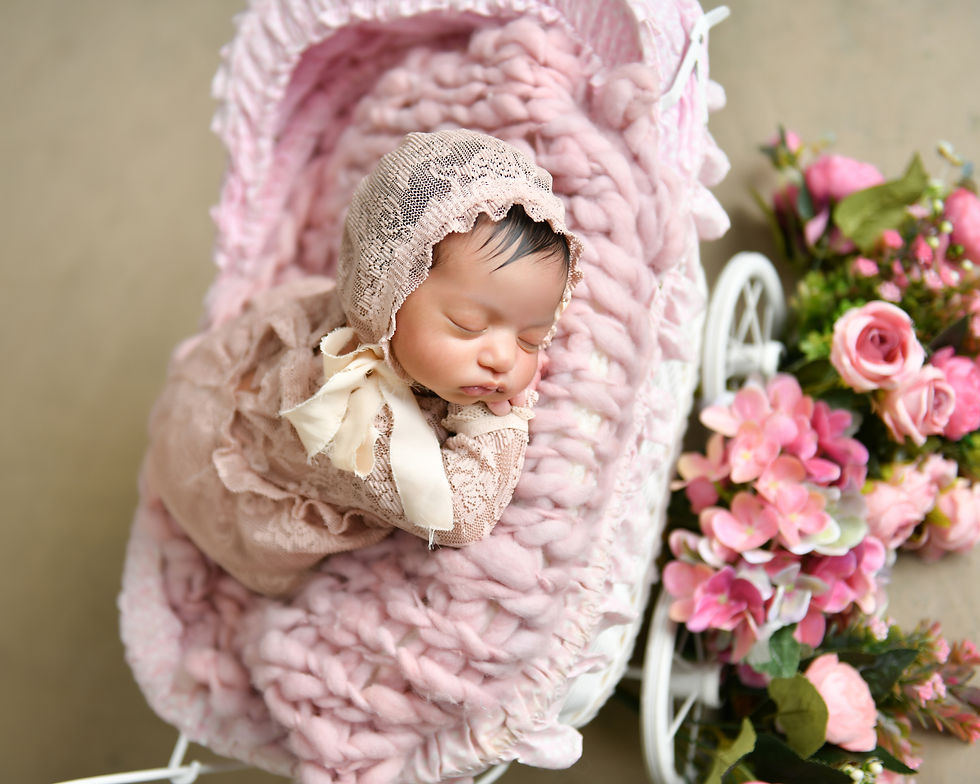 The image shows a sleeping newborn baby wrapped in a soft, pink, textured blanket and wearing a delicate lace bonnet. The baby is lying in a vintage-style wooden cradle or prop, surrounded by pink roses and other floral arrangements, creating a romantic and whimsical setting. The overall image has a warm, soft, and cozy feel, capturing the beauty and tenderness of the newborn.