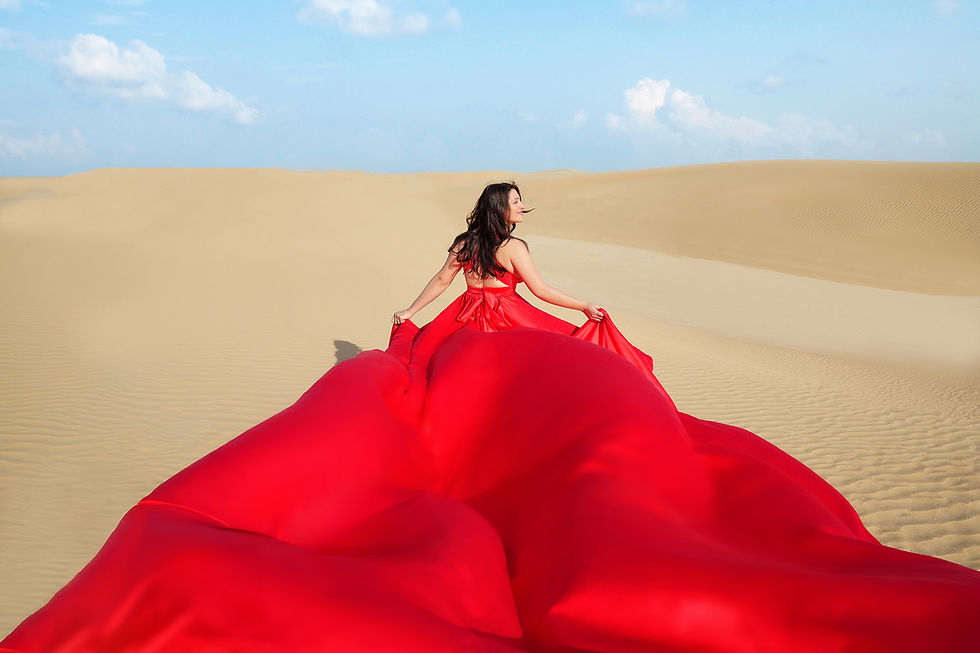 A person in a striking red dress with a long flowing train standing on a sandy desert landscape, under a clear sky with scattered clouds. The person's face is not visible, and they are looking towards the horizon, creating a dramatic contrast with the desert surroundings."