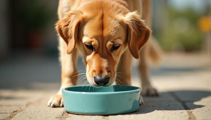 Eye-level view of a golden retriever drinking water from a bowl outdoors on a sunny day