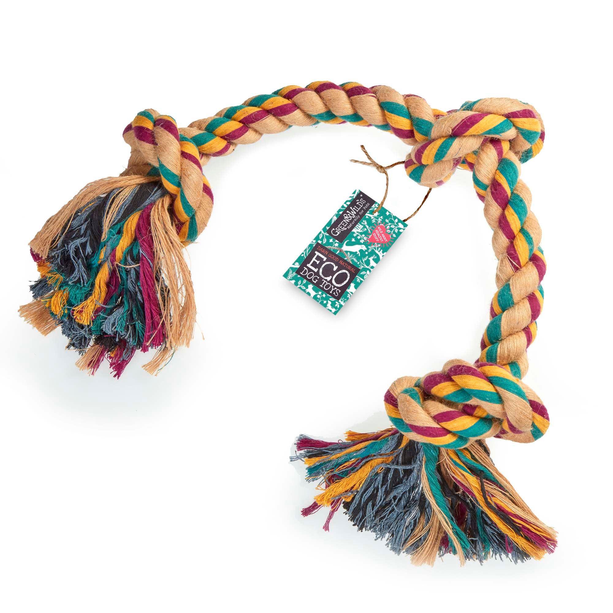 Colorful Big Rope 3 Knot Eco Dog Toy with tag, ready to play.