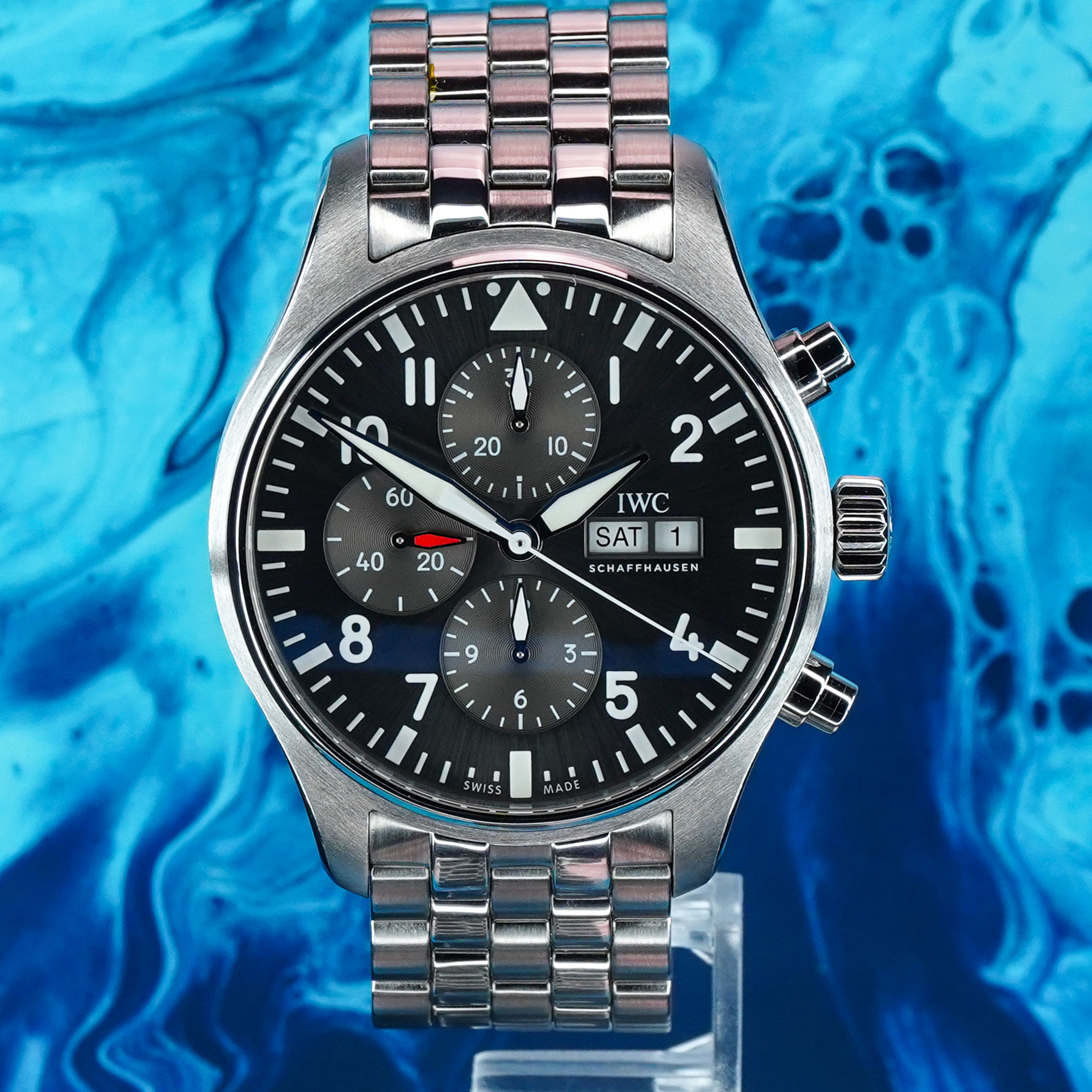 IWC Pilot Watch 43mm Slate Grey Dial Chrono IW377719 B&P 2019 Warranty Oct-2027