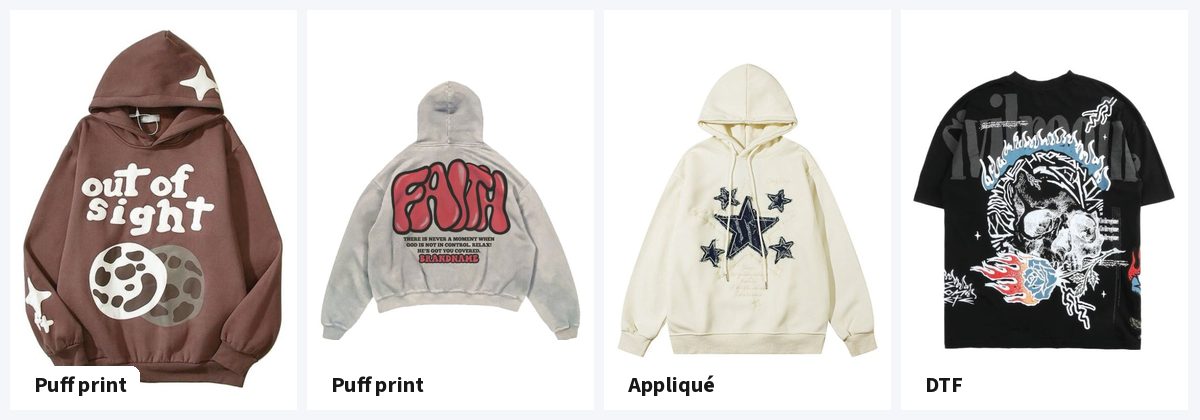Puff print, appliqué and DTF printed hoodies
