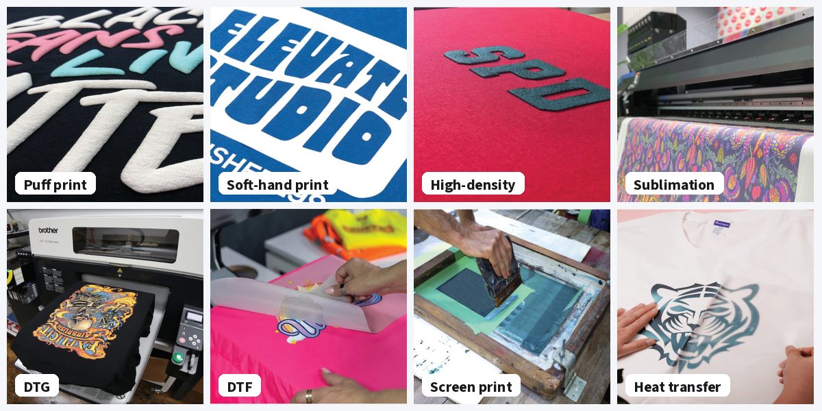 Print methods: puff print, soft-hand, high-density, sublimation, DTG, DTF, screen print and heat transfer