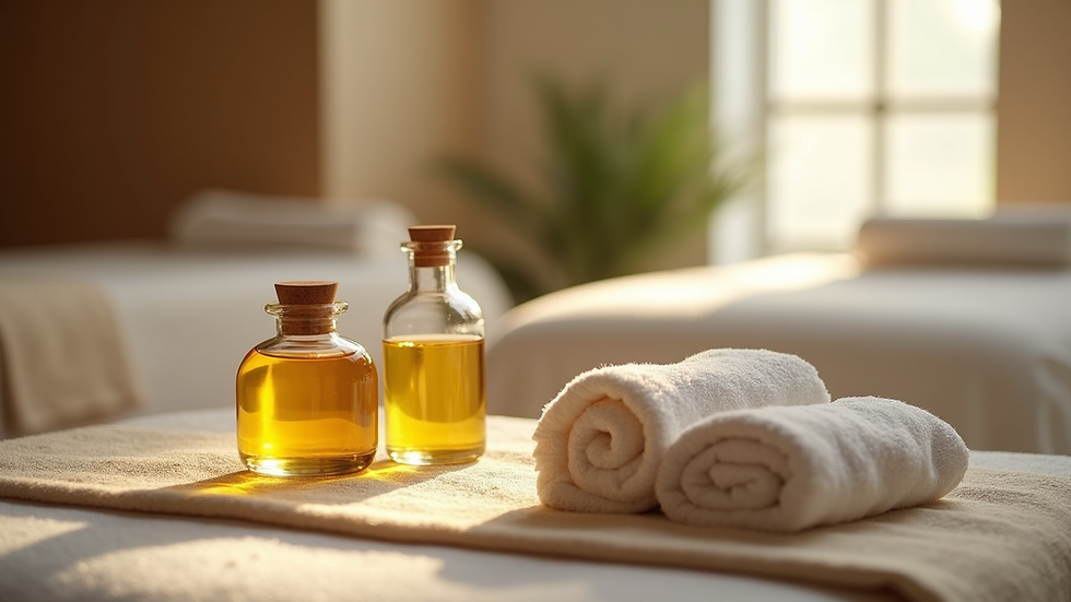 Eye-level view of massage table with oils and towels