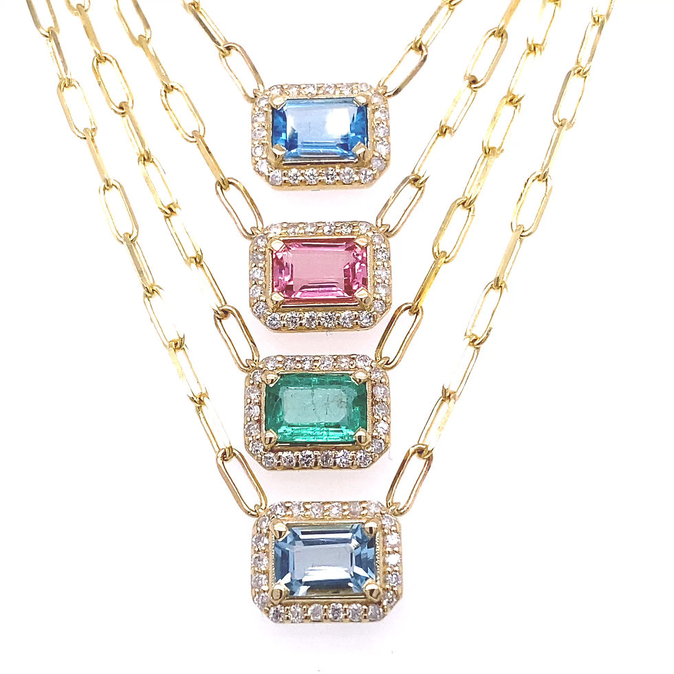 Thumbnail: 14K Gold Diamond Emerald cut Pink Sapphire Necklace 